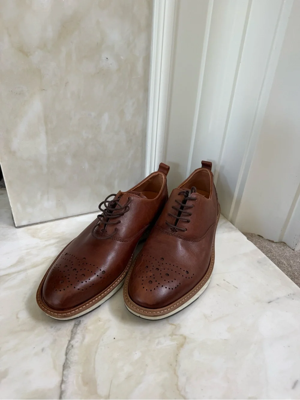 Ecco Cognac Brown Leather Perforated Derby Shoes